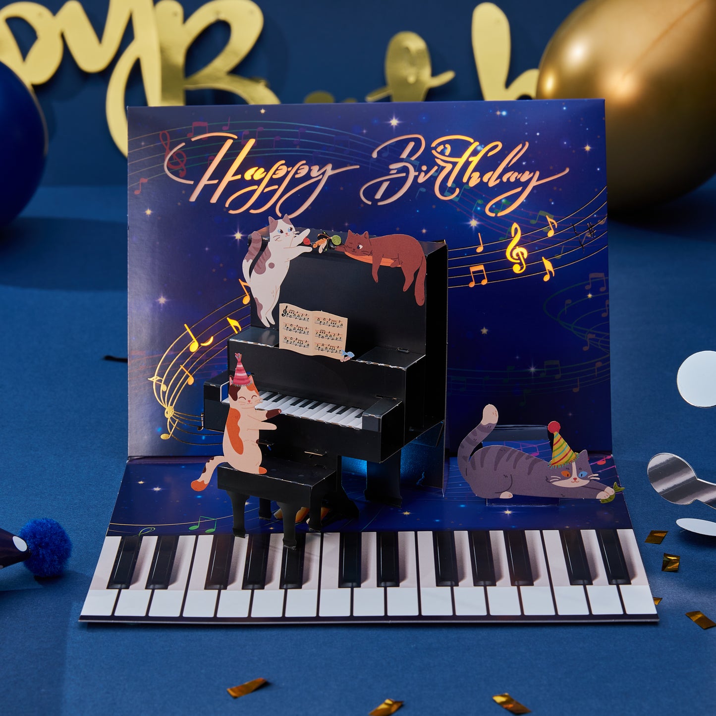 Cat Piano Musical Light Up Handmade 3D Pop-Up Birthday Card