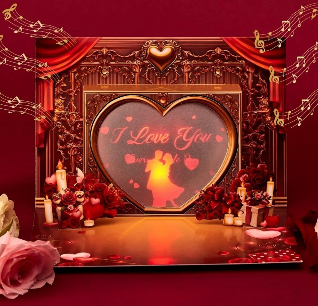 3D Pop-Up Musical Projection Card – Romantic "I Love You" Gold-Foil Keepsake for Her
