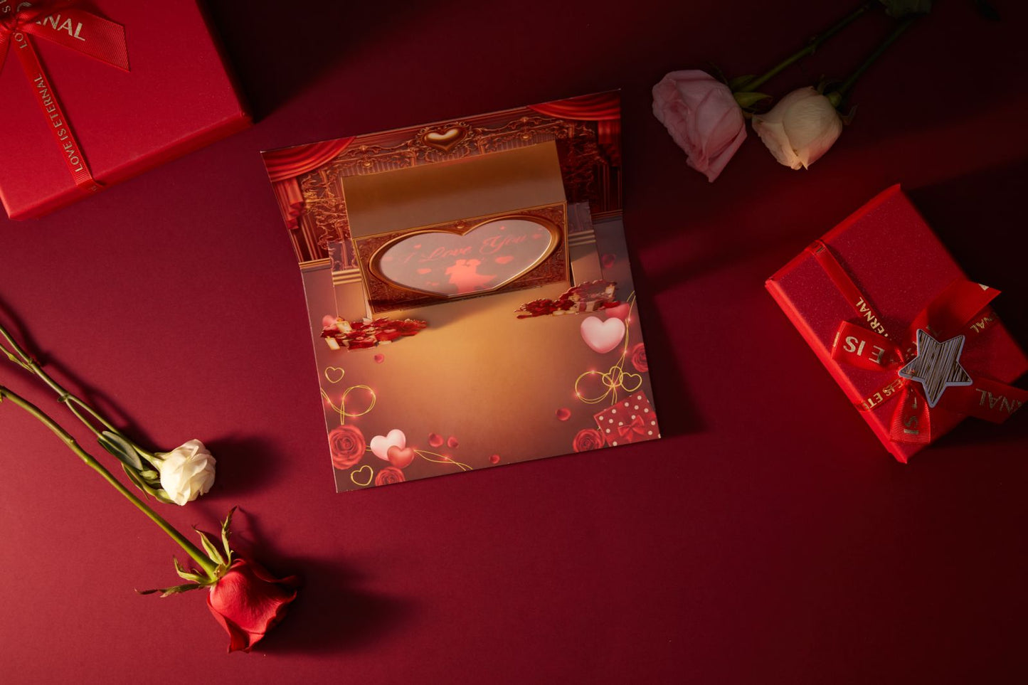 3D Pop-Up Musical Projection Card – Romantic "I Love You" Gold-Foil Keepsake for Her
