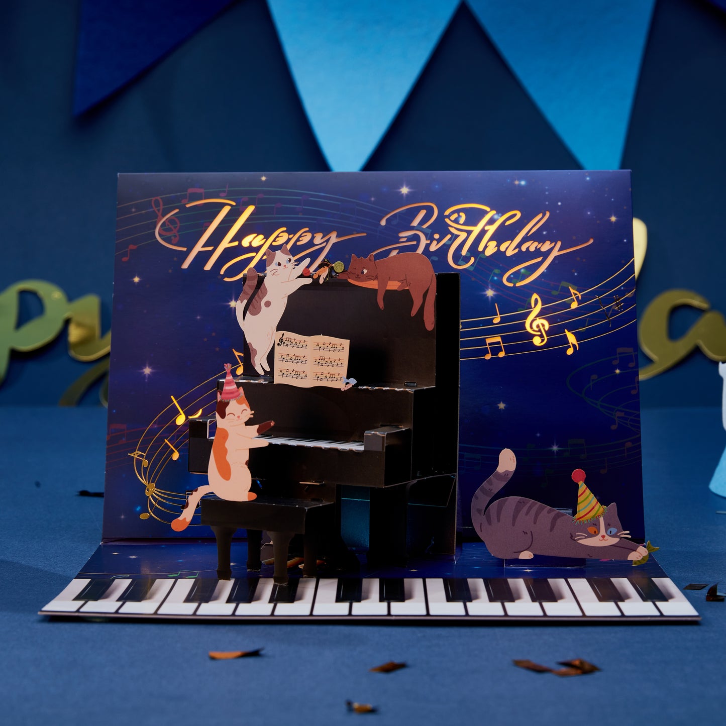 Cat Piano Musical Light Up Handmade 3D Pop-Up Birthday Card