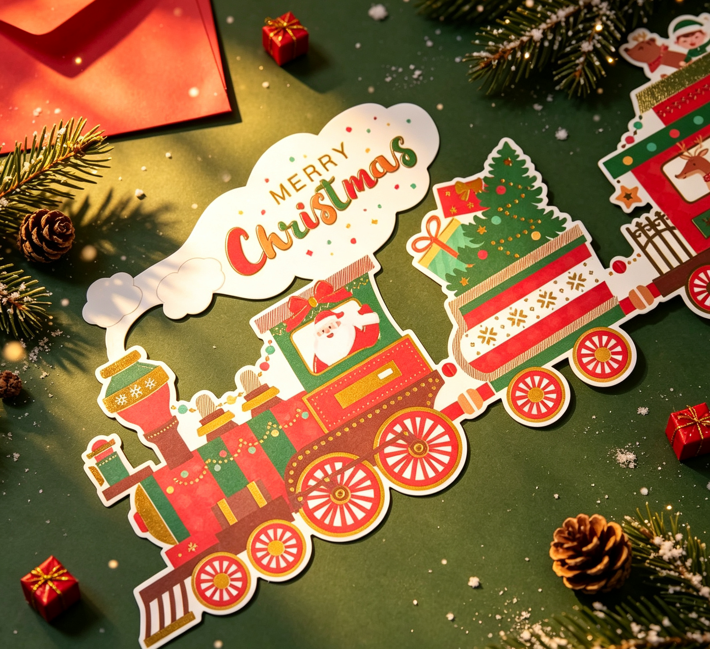 The Handcrafted Flat Christmas-themed train Card