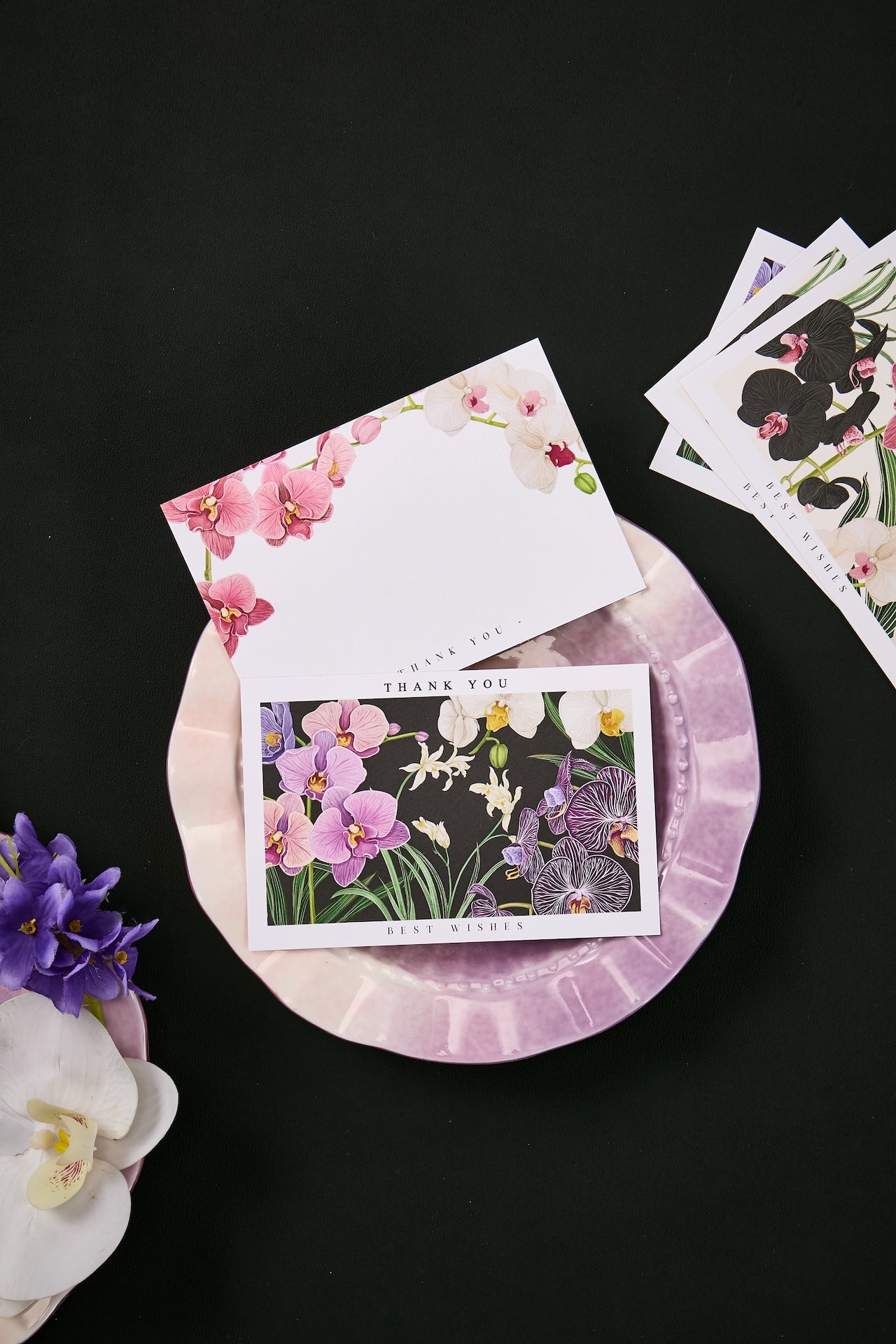 Hand-Painted Butterfly Orchid Floral Thank You Note Card Set of 10