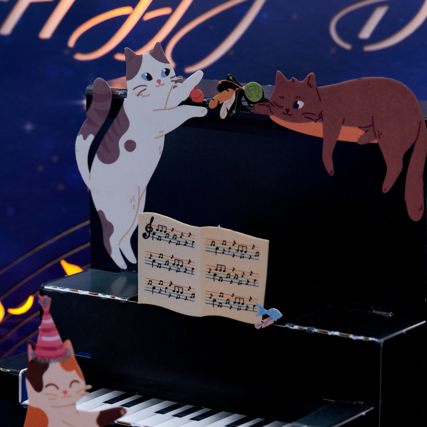 Cat Piano Musical Light Up Handmade 3D Pop-Up Birthday Card