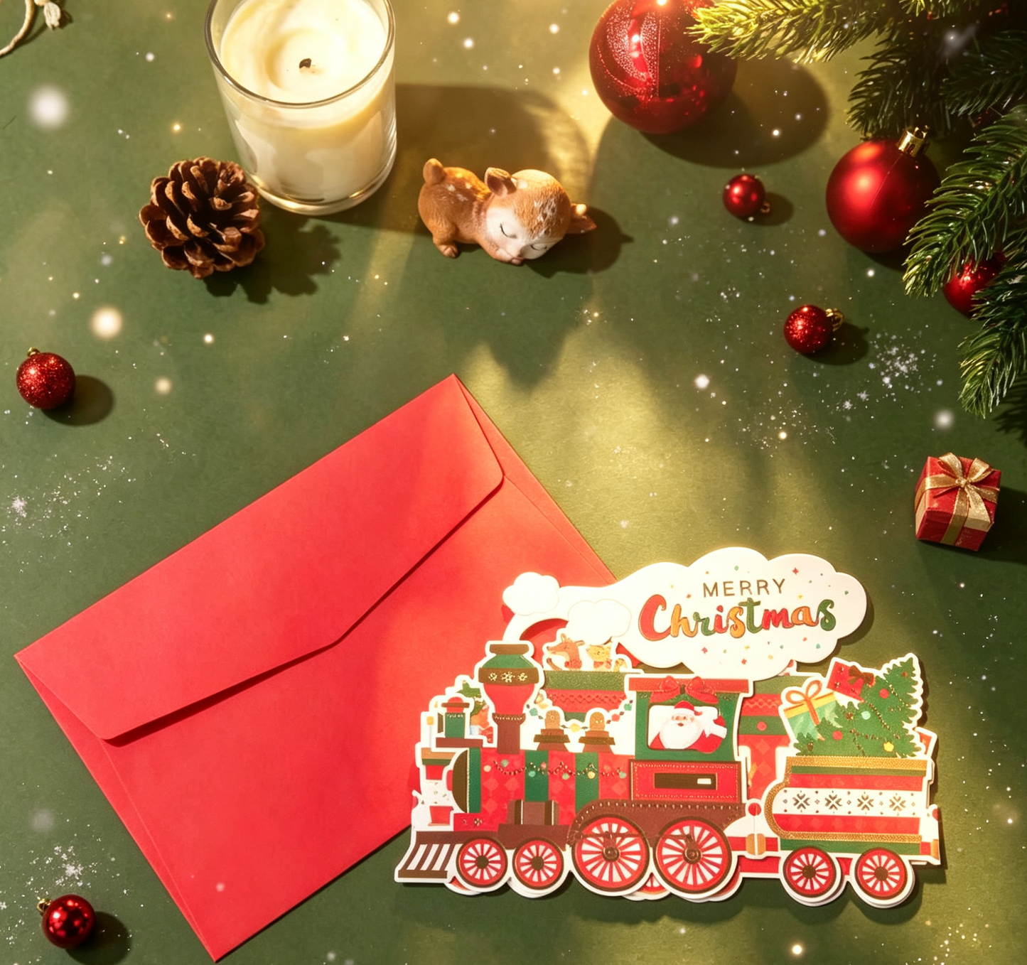 The Handcrafted Flat Christmas-themed train Card
