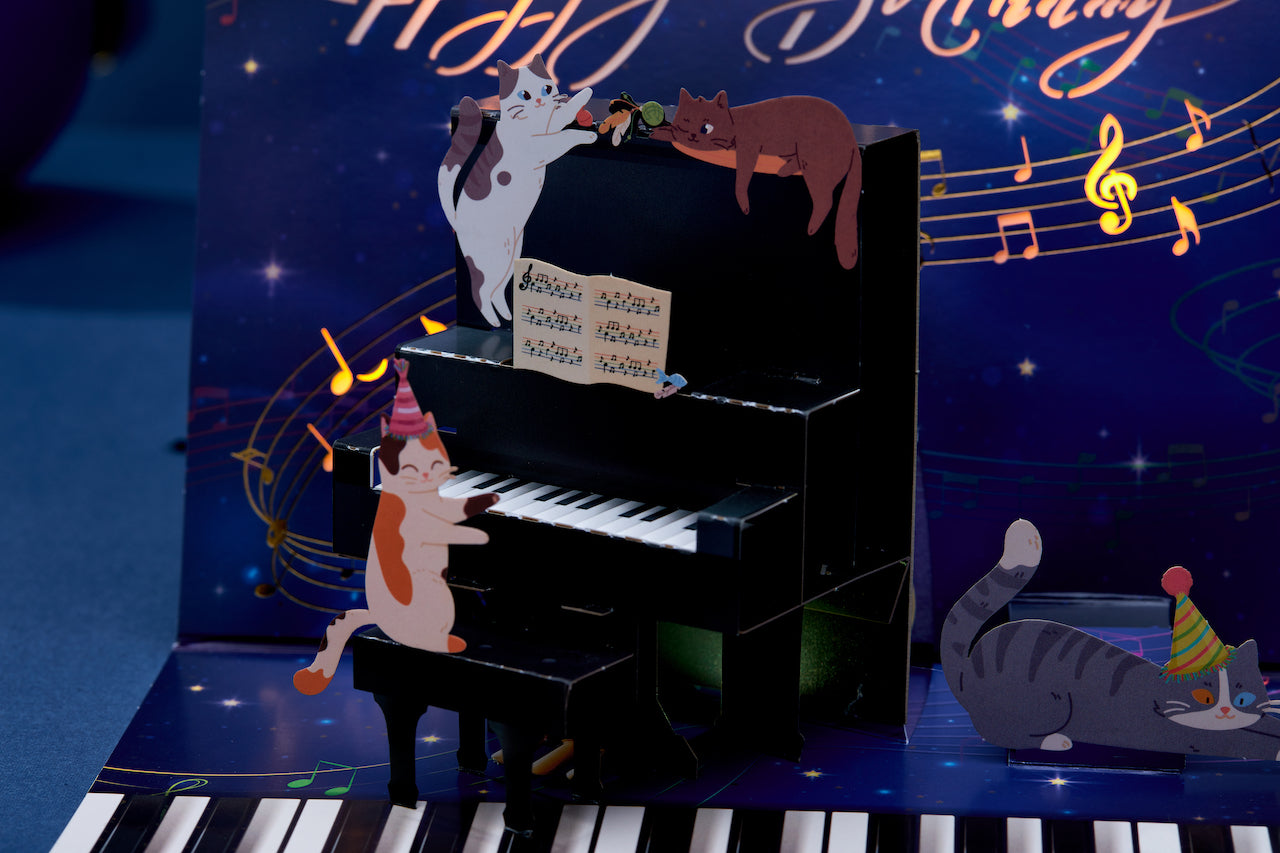 Cat Piano Musical Light Up Handmade 3D Pop-Up Birthday Card