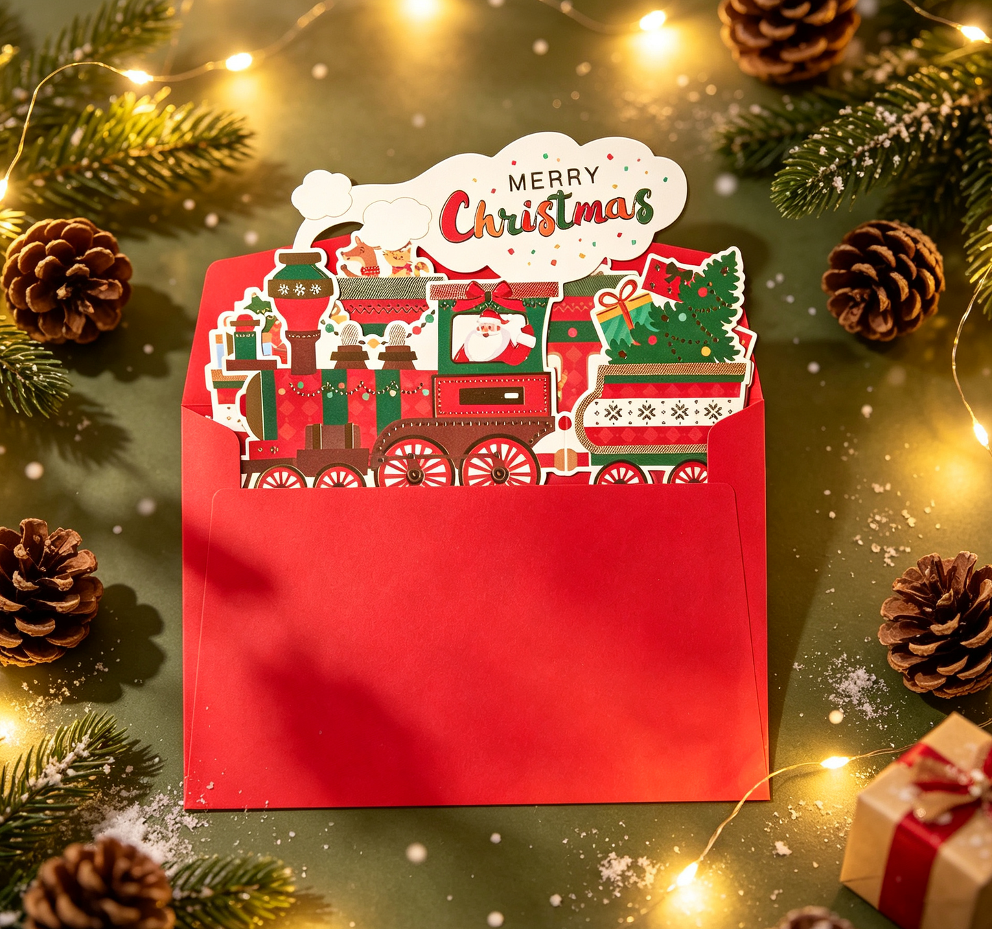 The Handcrafted Flat Christmas-themed train Card