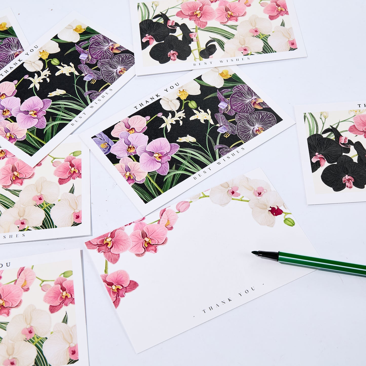 Hand-Painted Butterfly Orchid Floral Thank You Note Card Set of 10