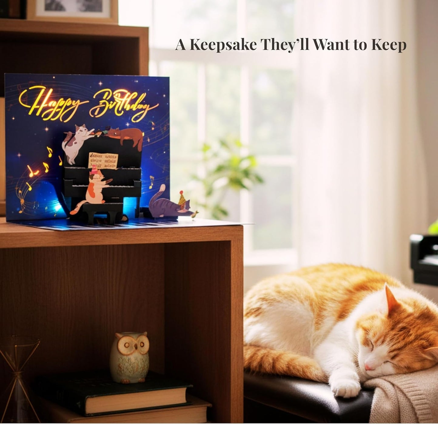 Cat Piano Musical Light Up Handmade 3D Pop-Up Birthday Card