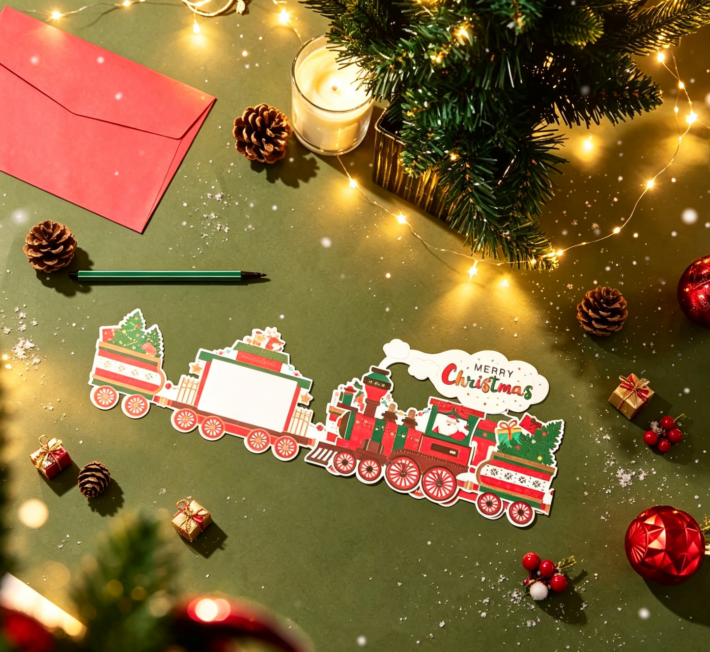 The Handcrafted Flat Christmas-themed train Card