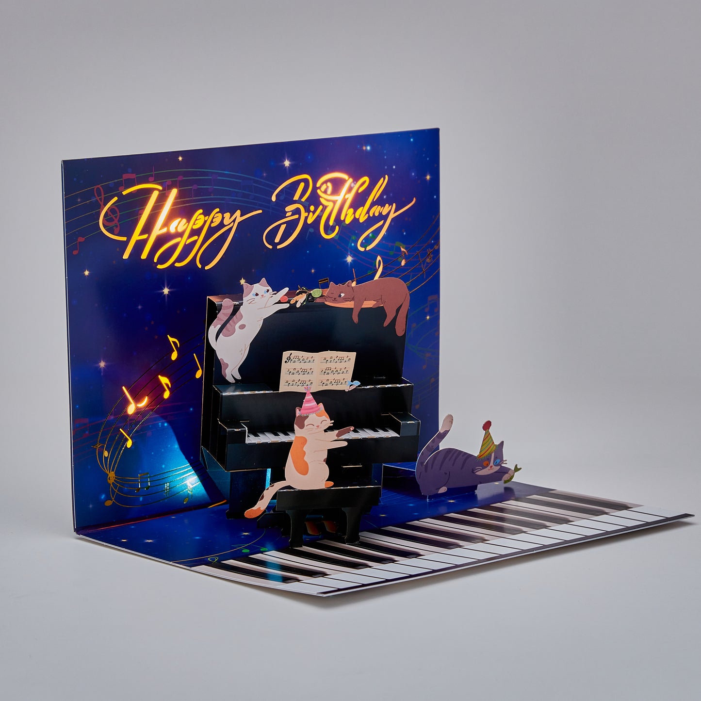 Cat Piano Musical Light Up Handmade 3D Pop-Up Birthday Card