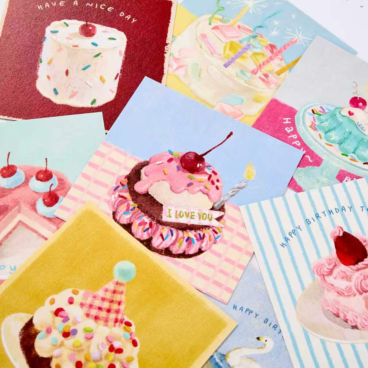 8-Piece Hand-Drawn Cake Birthday Card Set